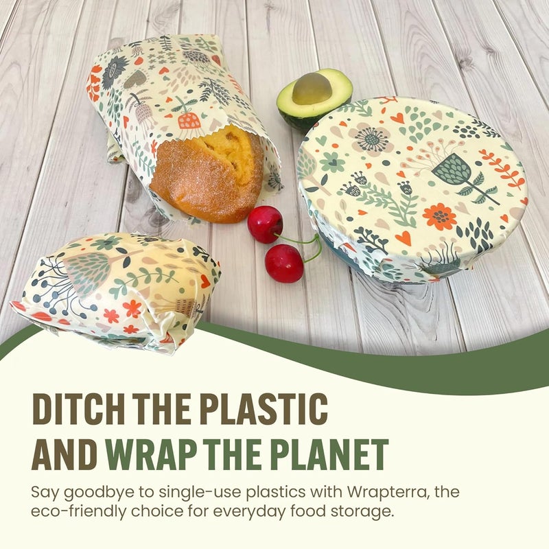 Wrapterra Beeswax Wraps for Food - Reusable & Moldable Bees Wax Covers for Bowls, Fruits, Cheese - Natural Food Storage Alternative to Aluminum Foil & Plastic Wrapping - Small, Medium, Large - 3-Pack - Image 2